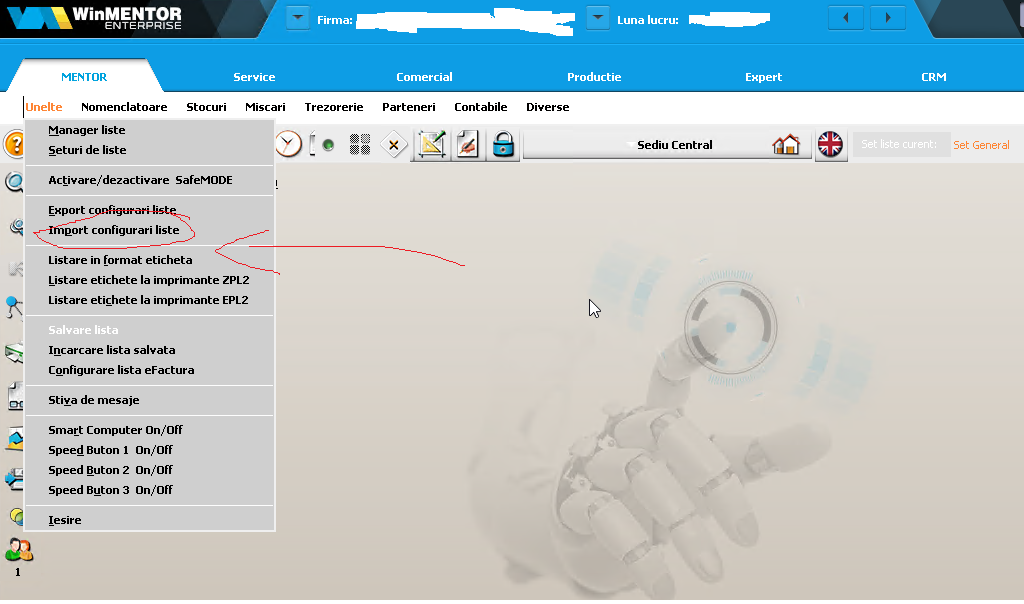 Meniul Unelte din WinMENTOR Enterprise, cu Import configurari liste încercuit