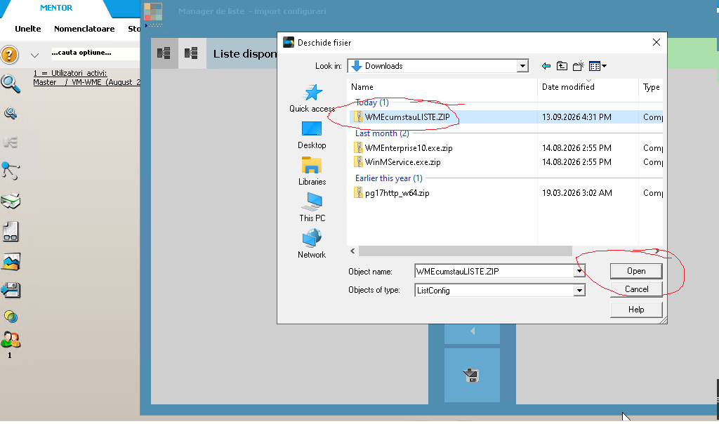 Fereastra Deschide fisier cu WMEcumstauLISTE.ZIP selectat