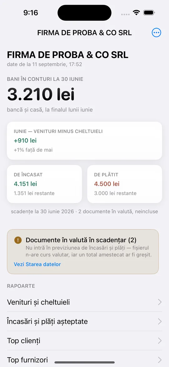 Ecranul principal CumStau: banii în conturi, rezultatul lunii, de încasat și de plătit