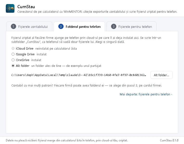 Conectorul CumStau, pasul 2: alegerea folderului pentru telefon, cu cloud-urile detectate