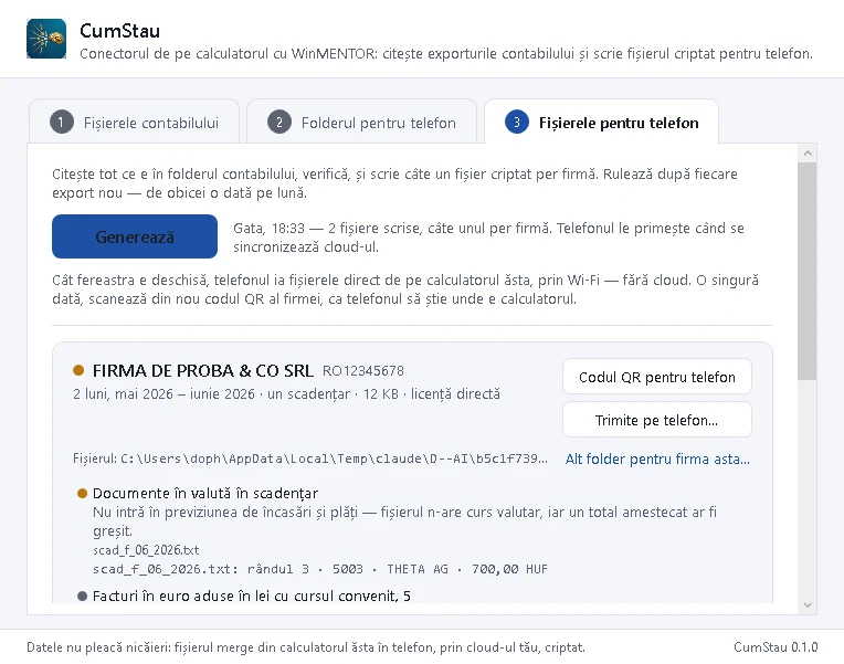Conectorul CumStau, pasul 3: cardul firmei cu butonul „Codul QR pentru telefon”